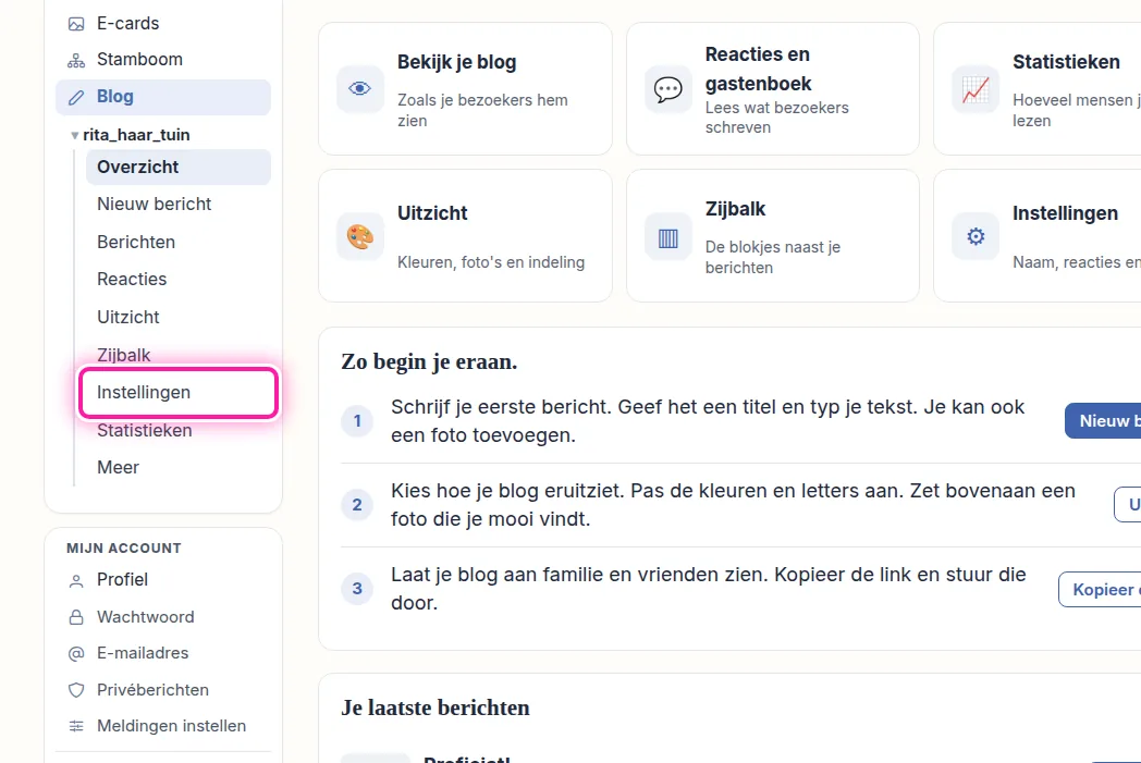 Je bent nu op de pagina waar je je blog beheert. Links, onder de naam van je blog, staat het menu dat bij je blog hoort. Klik daarin op "Instellingen", dan opent de pagina met onder meer de titel en ondertitel van je blog.