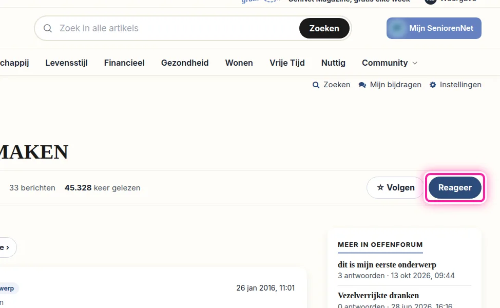 Open op het forum het onderwerp waarop je wil reageren. Klik daar op "Reageer" om een antwoord te schrijven. Je gaat dan naar het tekstvak onderaan de pagina.
