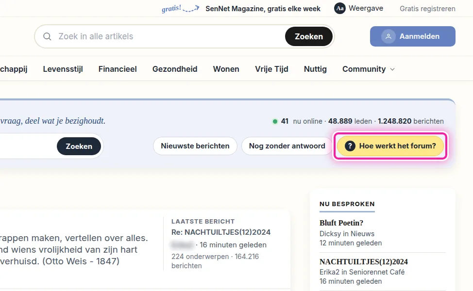 Op de forumpagina staat de knop "Hoe werkt het forum?" Klik daarop als je eerst wat uitleg wil. Je krijgt dan een korte uitleg over hoe het forum werkt.