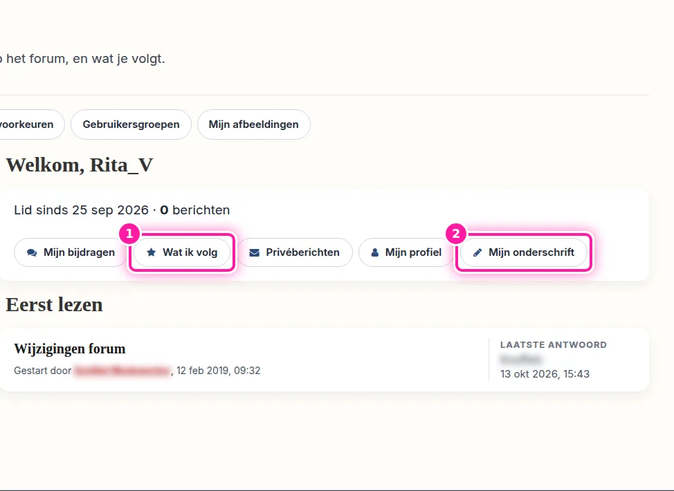 Bovenaan het forum vind je "Instellingen". Klik daarop en kies daarna "Mijn onderschrift" (2). Je komt dan op het scherm waar je de tekst van je onderschrift kan invullen of aanpassen.