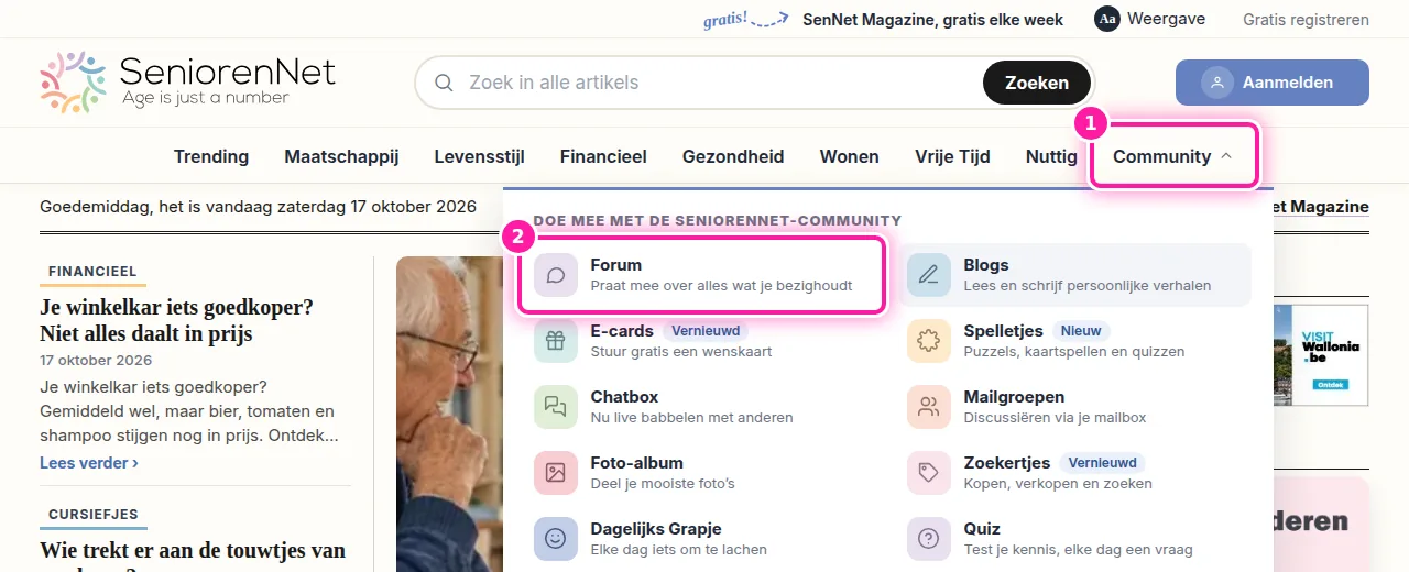 Bovenaan de pagina vind je het menu van SeniorenNet. Klik daar op "Community" (1) en kies daarna "Forum" (2). Je komt nu op de forumpagina, waar je kan meelezen met de gesprekken.