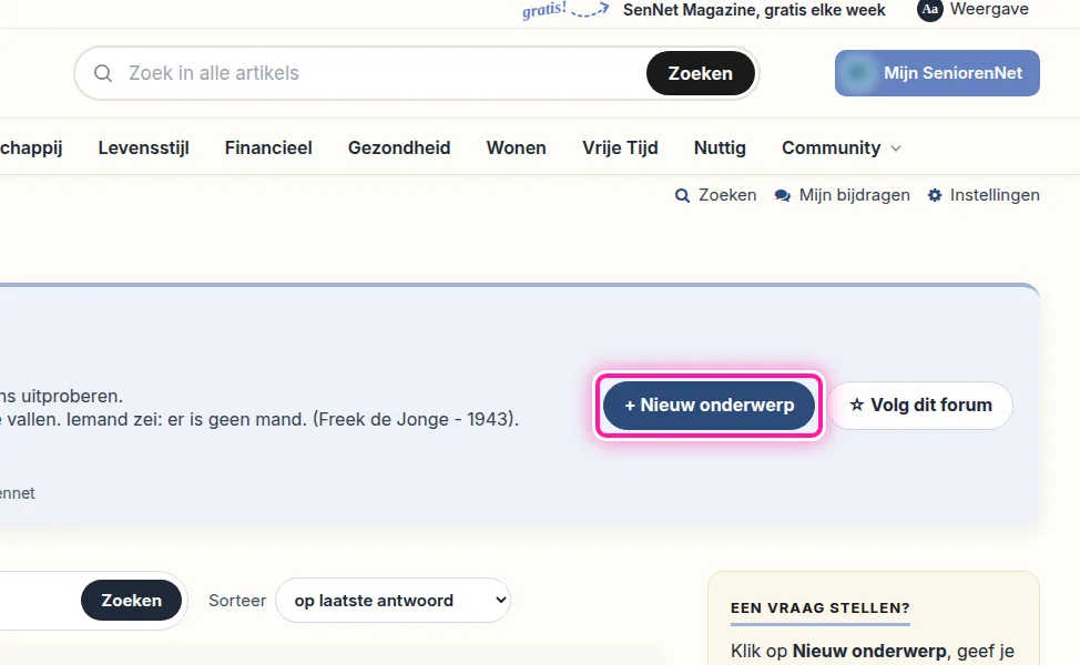 Open op de forumpagina het forum dat bij je onderwerp past. Wil je het eerst eens proberen, kies dan "Oefenforum". Klik in dat forum op "+ Nieuw onderwerp". Je komt dan op het scherm waar je een titel en je bericht kan schrijven.