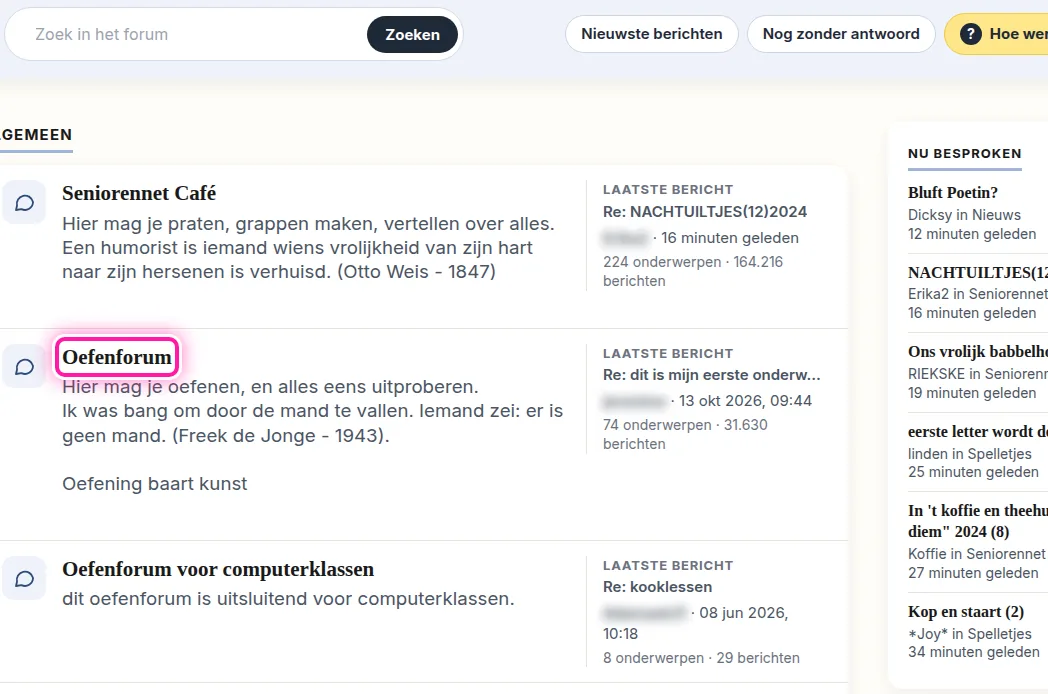 Klik op de forumpagina op "Oefenforum". Je komt dan op de plek waar je mag oefenen en alles eens uitproberen. Begin bijvoorbeeld een nieuw onderwerp of probeer een antwoord te schrijven. Je mag er ook oefenen met een foto toevoegen.