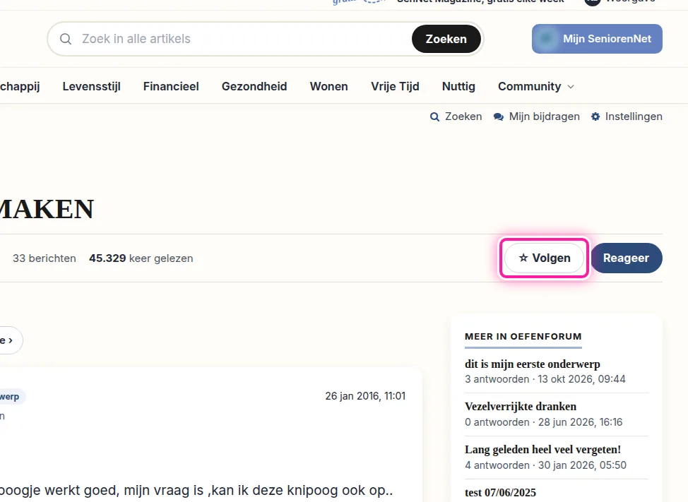 Open het onderwerp dat je graag wil blijven volgen en klik bovenaan op "Volgen". Op de knop staat daarna "Je volgt dit". Je krijgt nu bij elk nieuw antwoord een melding. Wil je een heel forum volgen, klik dan in dat forum op "Volg dit forum".