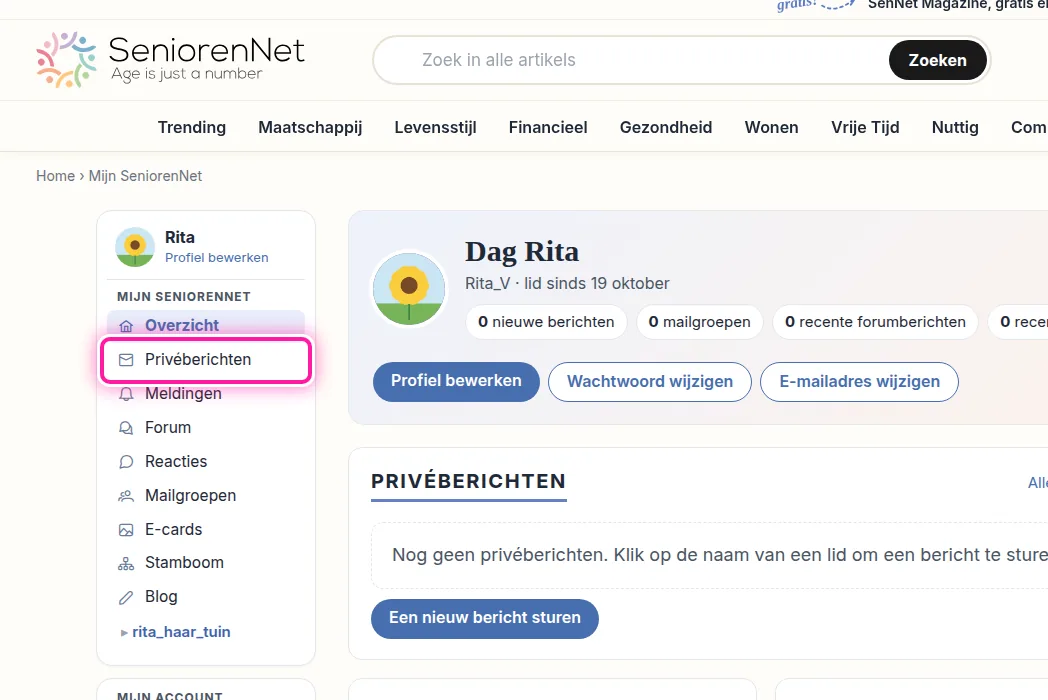 Links in Mijn SeniorenNet zie je het menu met alles wat bij jou hoort. Klik daar op "Privéberichten". Je komt dan op de pagina met je privégesprekken.
