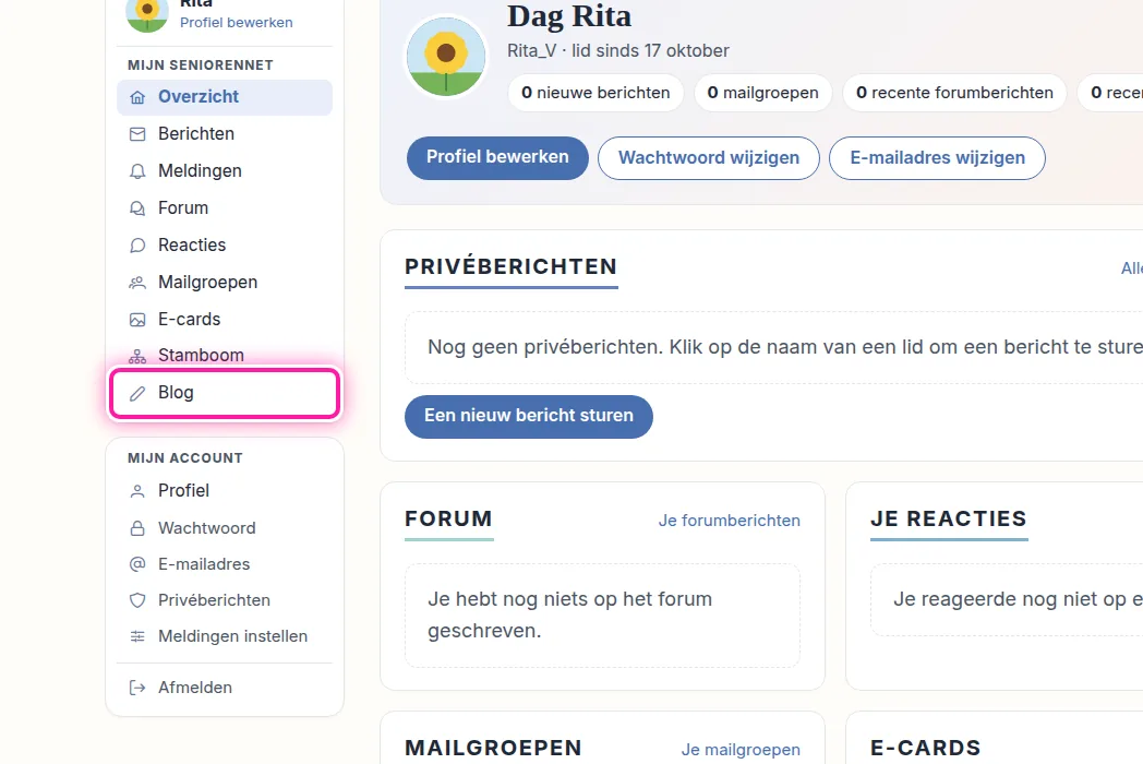 Links in Mijn SeniorenNet zie je het menu met de onderdelen die je hier beheert. Klik daarin op "Blog". Zo kom je bij je blog en kan je ermee aan de slag.