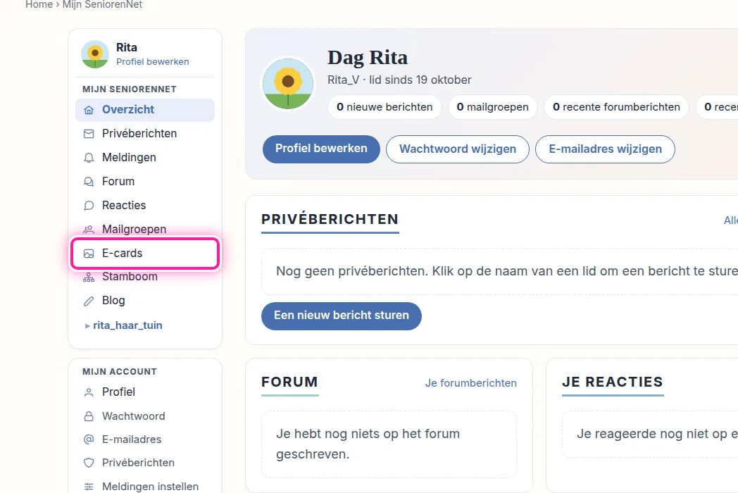 Links in Mijn SeniorenNet zie je een menu met de onderdelen die je kan beheren. Klik in dat menu op "E-cards". Je komt dan op de pagina met je geplande en verstuurde kaarten, en de kaarten die je kreeg.
