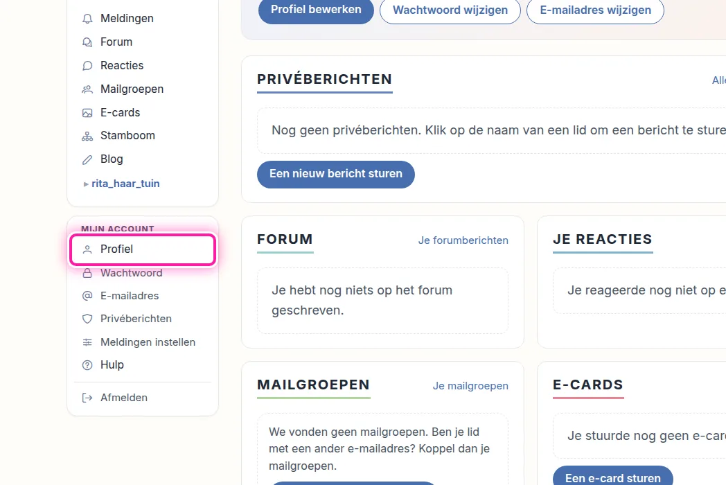 Links in Mijn SeniorenNet zie je een menu waarin je je eigen gegevens kan terugvinden. Onder "Mijn account" staat "Profiel". Klik daarop, dan opent de pagina met je persoonlijke gegevens.