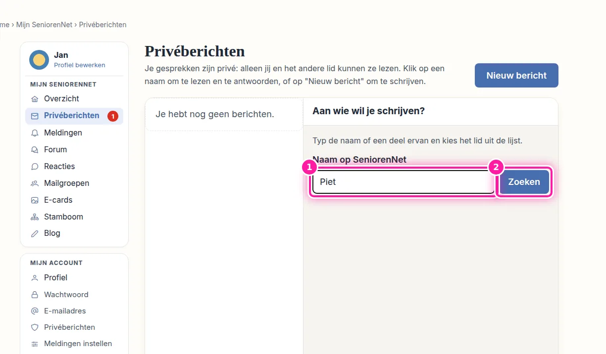 Je ziet nu de vraag "Aan wie wil je schrijven?" Typ in het vak "Naam op SeniorenNet" (1) de naam van het lid dat je zoekt. Je mag ook een deel van de naam invullen. Klik daarna op "Zoeken" (2) en klik bij de gevonden namen op de juiste persoon.