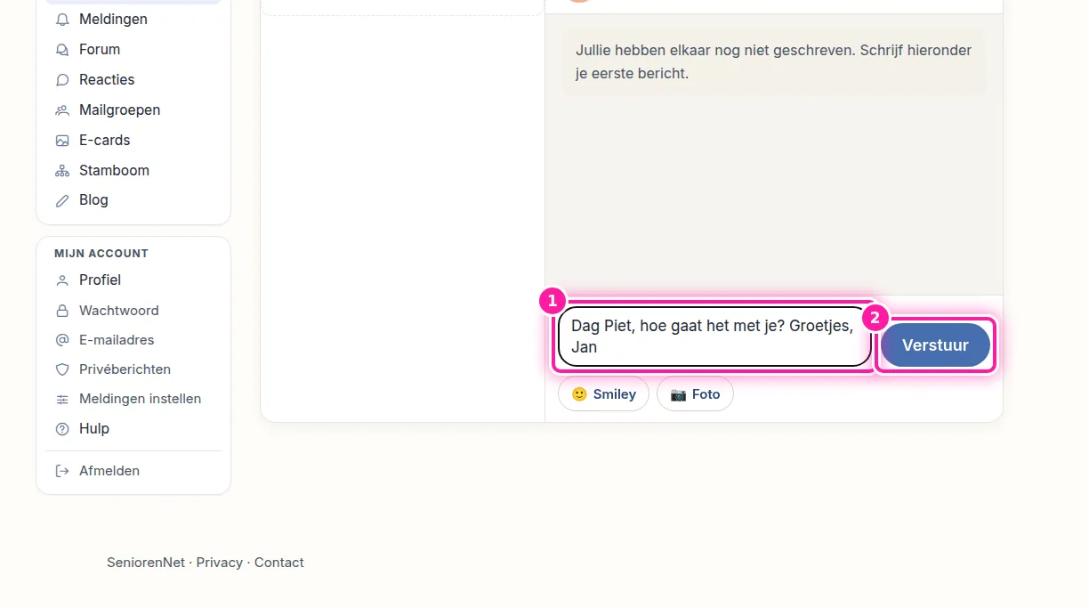 Je kan nu je bericht schrijven aan het gekozen lid. Typ je tekst in het vak "Schrijf een bericht..." (1) onderaan. Met "Smiley" kan je een gezichtje toevoegen en met "Foto" een foto. Als je bericht klaar is, klik je op "Verstuur" (2).