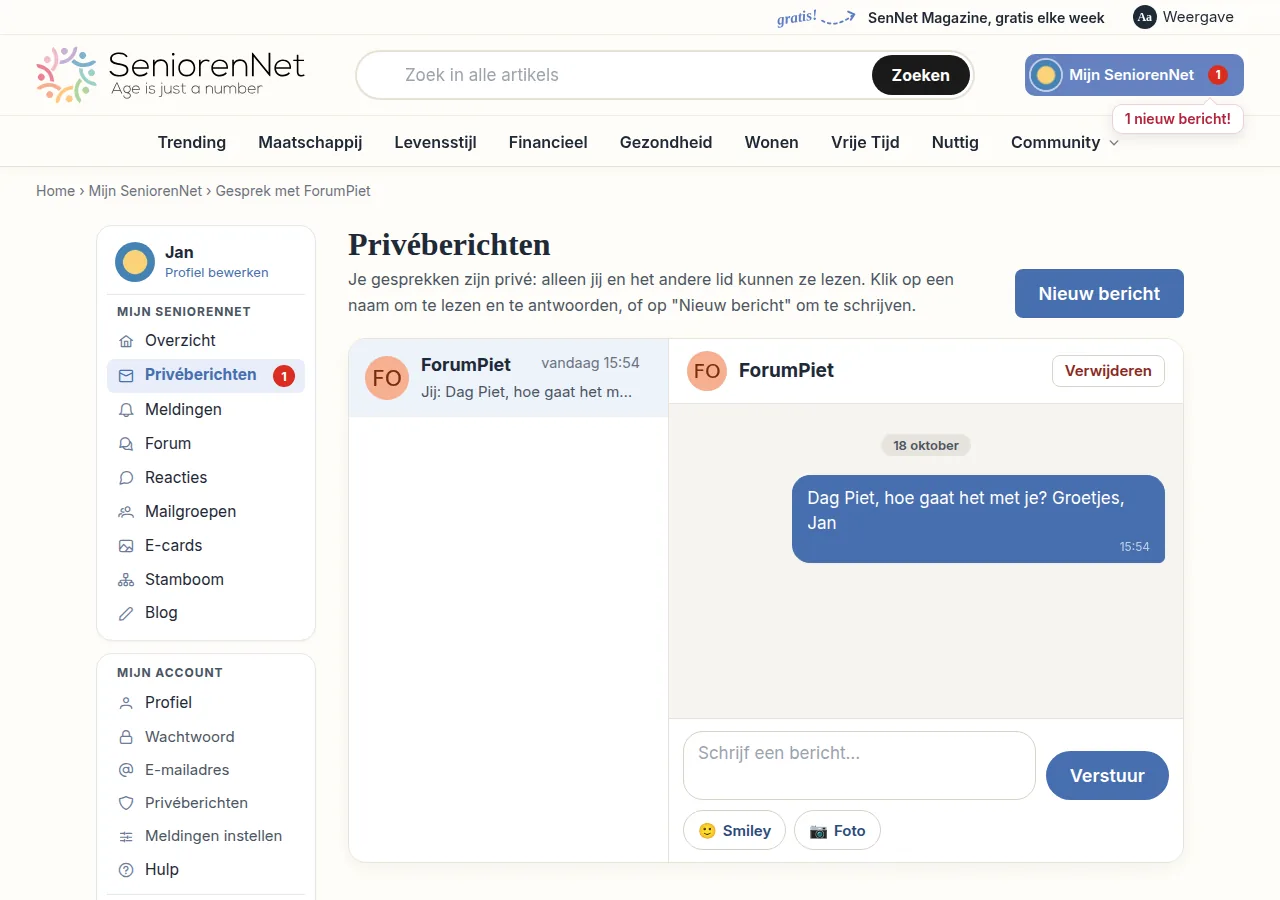 Je bericht is nu verstuurd en het gesprek staat in je lijst met gesprekken. Klik op de naam van het lid om het gesprek te lezen. Als die persoon je antwoordt, verschijnt het antwoord in datzelfde gesprek.