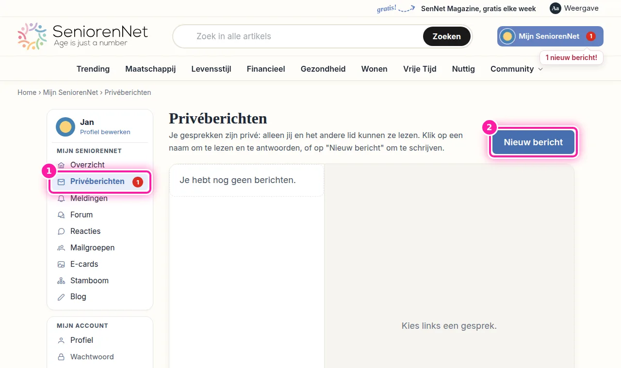 Klik in het menu van Mijn SeniorenNet op "Privéberichten" (1). Je komt dan op de pagina met je privéberichten. Klik daar op "Nieuw bericht" (2) om te kiezen aan wie je wil schrijven.