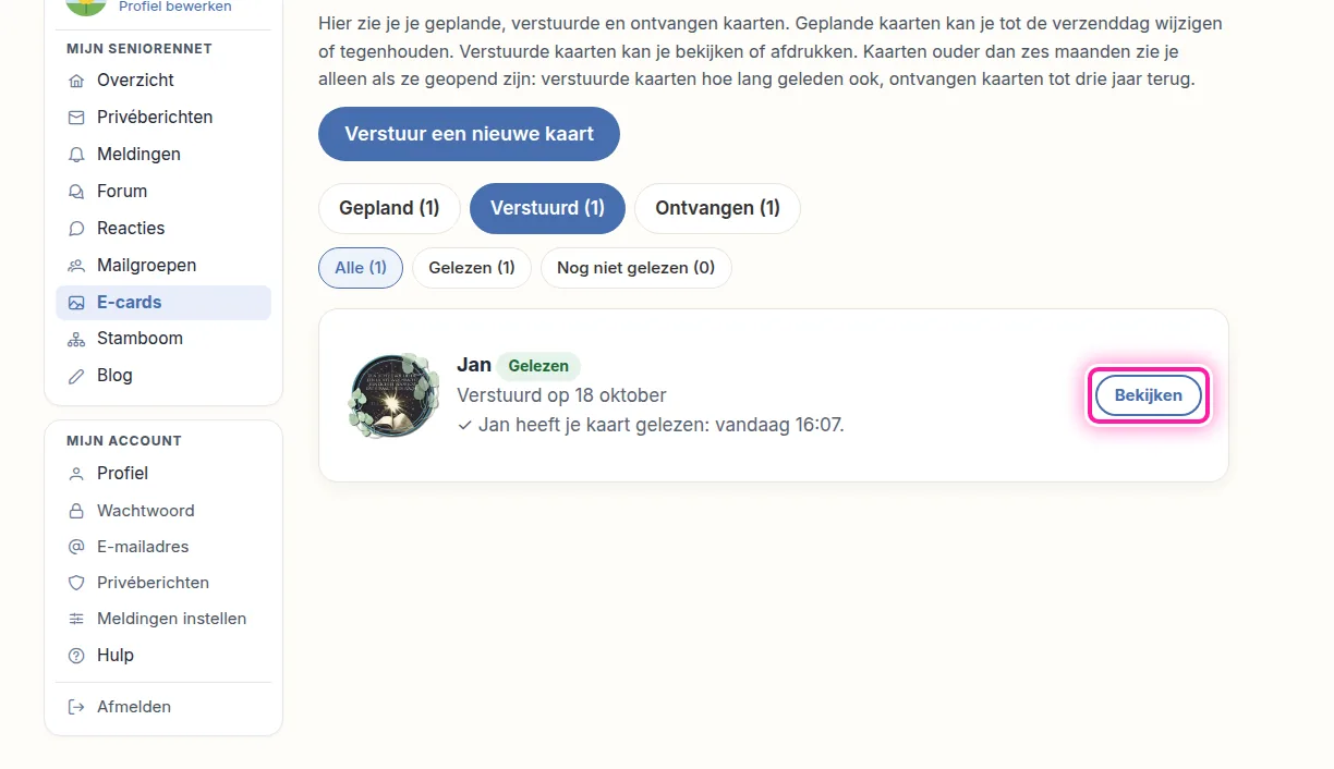 Naast elke verstuurde kaart staat de knop "Bekijken". Klik daarop om die kaart nog eens te bekijken. Je ziet de kaart dan zoals de mensen aan wie je ze stuurde ze te zien kregen.
