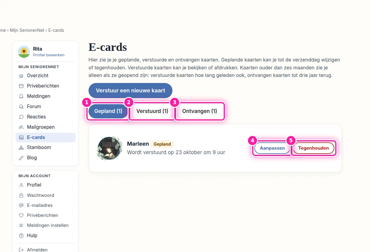 Bovenaan de pagina "E-cards" staan drie tabbladen waarmee je kiest welke kaarten je ziet. Bij "Gepland" (1) staan de kaarten die nog verstuurd moeten worden. Onder "Verstuurd" (2) vind je de kaarten die al vertrokken zijn, en onder "Ontvangen" (3) de kaarten die je zelf kreeg. Naast een geplande kaart staan "Aanpassen" (4) en "Tegenhouden" (5). Daarmee kan je de kaart nog wijzigen of stoppen tot de dag waarop ze verstuurd wordt.