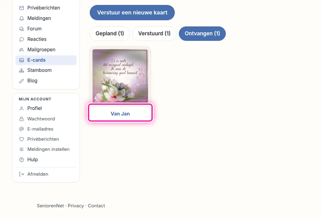 Klik op "Ontvangen" om de kaarten te zien die anderen naar jouw e-mailadres stuurden. Zoek daar de kaart die je nog eens wil bekijken. Als je op die kaart klikt, gaat ze opnieuw open.
