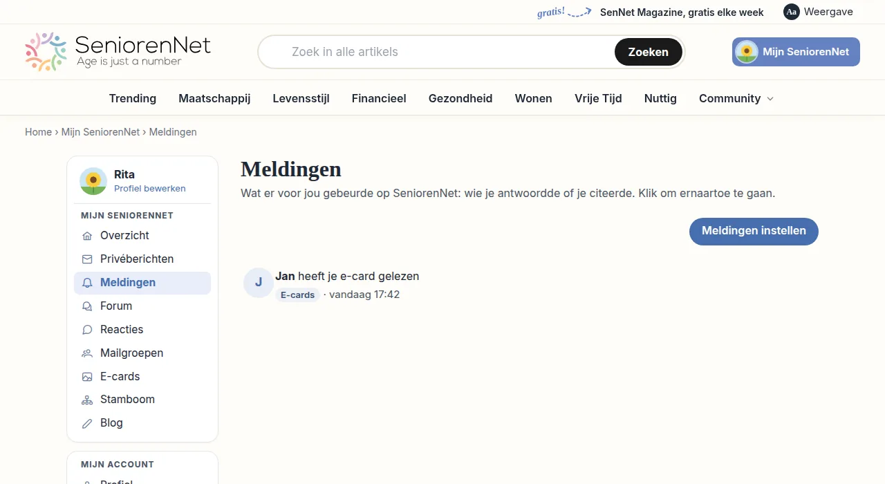 Klik in het menu van Mijn SeniorenNet op "Meldingen". Je komt dan op de pagina met meldingen over wat er voor jou gebeurd is. Daar zie je bijvoorbeeld wie je geantwoord heeft of wie je woorden in een reactie heeft overgenomen.