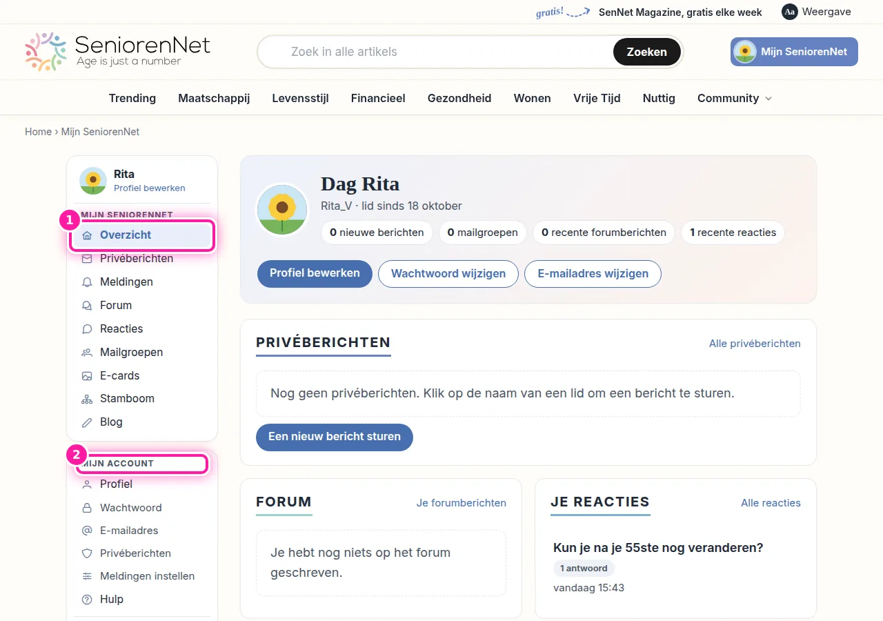 Links op je pagina zie je een menu met twee delen. Onder "Mijn SeniorenNet" (1) vind je onder meer je berichten en meldingen. Ook het forum, je reacties en je blog staan daar. Onder "Mijn account" (2) kan je je profiel bekijken en je wachtwoord of e-mailadres aanpassen.
