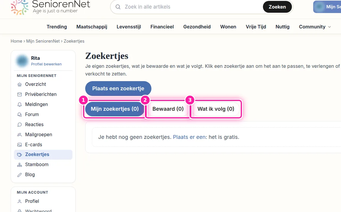 Klik in Mijn SeniorenNet in het menu op "Zoekertjes", dan zie je drie tabbladen om uit te kiezen. Bij "Mijn zoekertjes" (1) staan je eigen zoekertjes en zie je hoe vaak ze bekeken en bewaard zijn. Bij "Bewaard" (2) vind je de zoekertjes die je zelf hebt bewaard. Onder "Wat ik volg" (3) staan de rubrieken die je volgt. Klik op een zoekertje als je het wil openen.