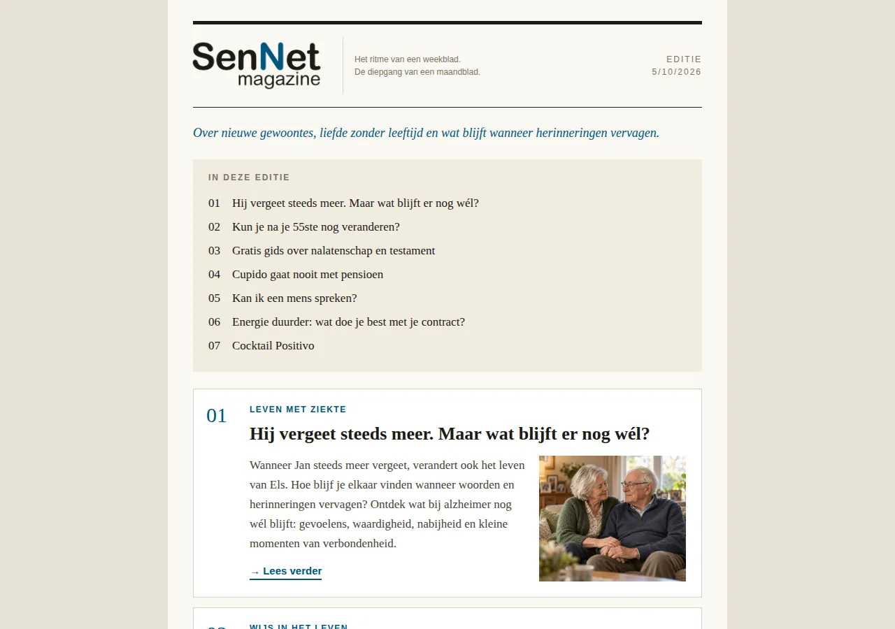 Je ziet nu de nieuwsbrief zoals die in de mailbox kwam. Wil je een artikel lezen, klik er dan op om het op SeniorenNet te openen. Als je klaar bent, sluit je het venster of tabblad van de nieuwsbrief. Je bent dan weer op de nieuwsbriefpagina.