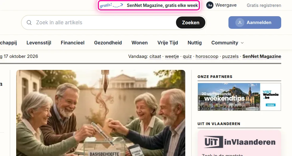 Eerst gaan we naar de nieuwsbriefpagina van SenNet Magazine. Bovenaan elke pagina van SeniorenNet staat "SenNet Magazine, gratis elke week". Klik daarop, dan kom je op de nieuwsbriefpagina waar je de laatste edities kan terugvinden.