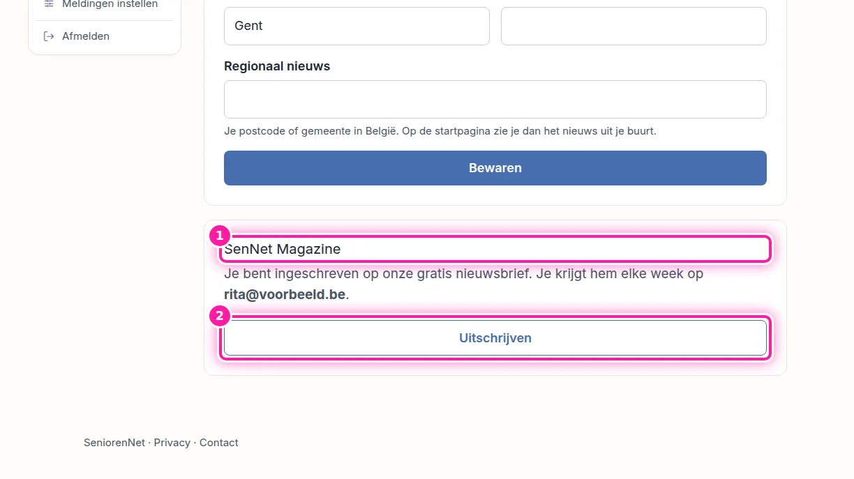 Heb je een SeniorenNet-account, dan kan je de nieuwsbrief ook stopzetten in Mijn SeniorenNet. Ga daarvoor naar Mijn SeniorenNet en klik op "Profiel". Zoek daar het vak "SenNet Magazine" (1). Klik in dat vak op "Uitschrijven" (2) om de nieuwsbrief stop te zetten.