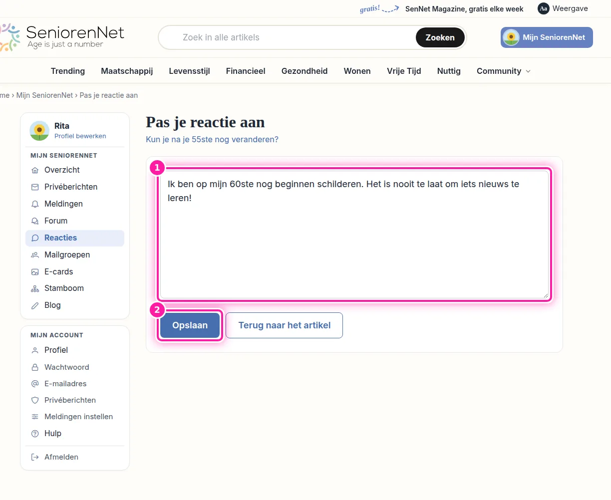 Als je op "Aanpassen" klikt, verschijnt je tekst in het vak "Pas je reactie aan". Verander je tekst in dat vak (1) en klik daarna op "Opslaan" (2). Bij je reactie staat dan "aangepast", zodat lezers zien dat je de tekst hebt veranderd.