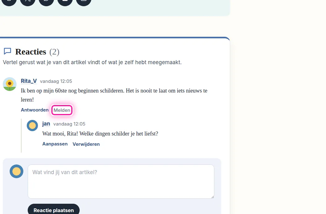 Klik onder de reactie die je wil melden op "Melden". De website vraagt dan of je die reactie aan de redactie wil melden omdat ze niet in orde is. Klik op "OK" om je melding door te geven. Je ziet daarna de boodschap "Bedankt voor je melding. De redactie zal de reactie bekijken."