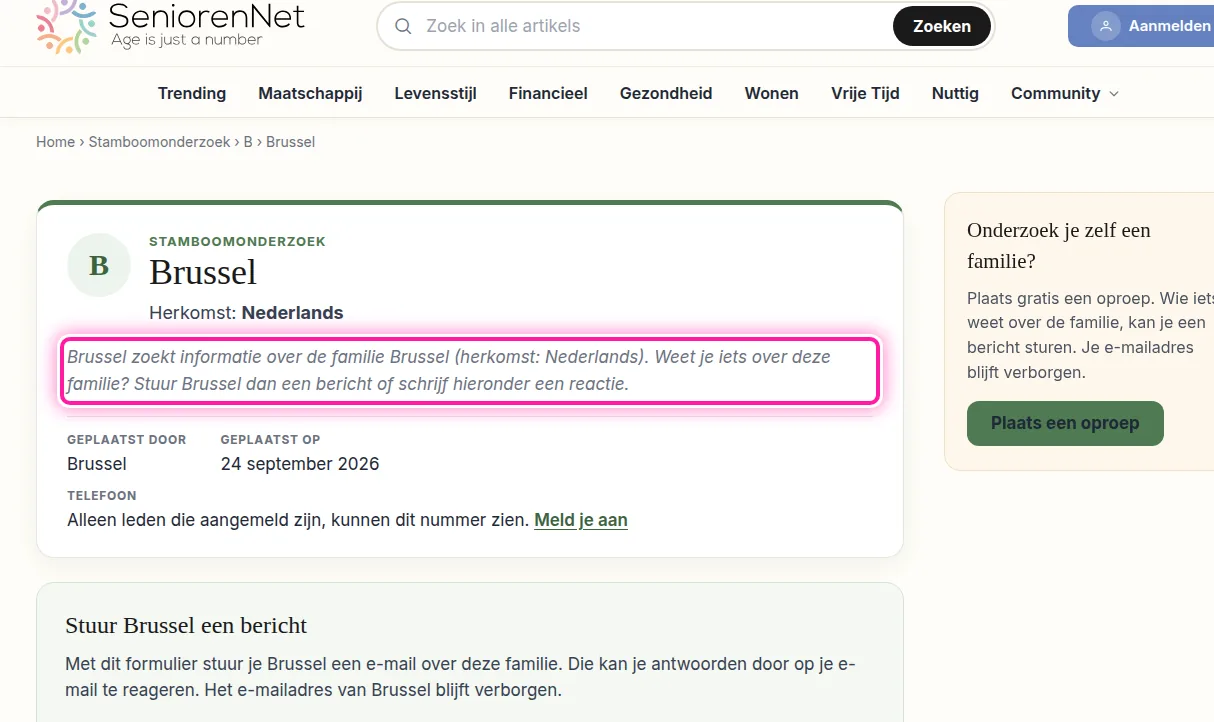 Ga op de website naar "Community" en kies "Stamboomonderzoek", waar je de oproep opent waarop je wil reageren. Onder de oproep zie je het vak "Stuur ... een bericht", met de naam van de persoon die de oproep plaatste. Bij een oproep van een lid meld je je eerst aan met je SeniorenNet-account. Schrijf daarna in het vak wat je weet en verstuur je bericht. De ander ontvangt het als een privébericht op SeniorenNet, en als die antwoordt, vind je dat antwoord bij je eigen berichten.
