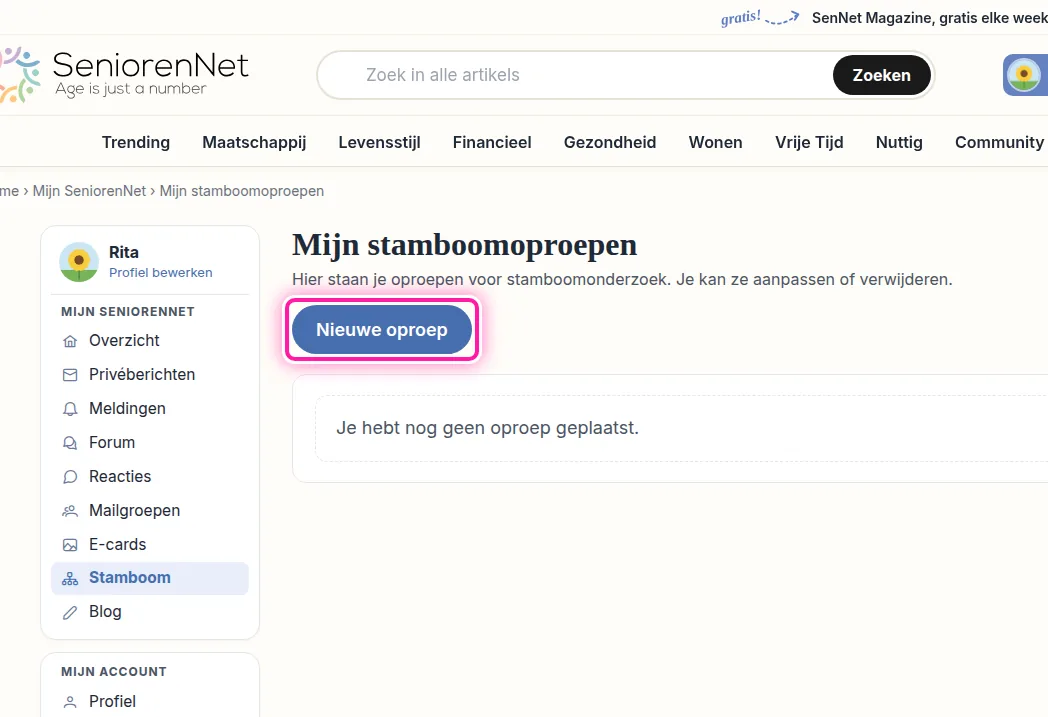Klik in het menu van Mijn SeniorenNet op "Stamboom". Je komt dan bij "Mijn stamboomoproepen", waar je je eigen oproepen ziet. Klik op "Nieuwe oproep" om het formulier "Plaats een oproep" te openen.