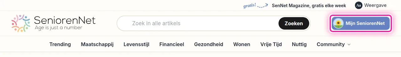 Nu gaan we naar je eigen pagina, Mijn SeniorenNet. Als je aangemeld bent, zie je rechts bovenaan op elke pagina van SeniorenNet de knop "Mijn SeniorenNet". Die staat op de plaats waar eerst "Aanmelden" stond. Klik op "Mijn SeniorenNet", dan opent je eigen pagina.