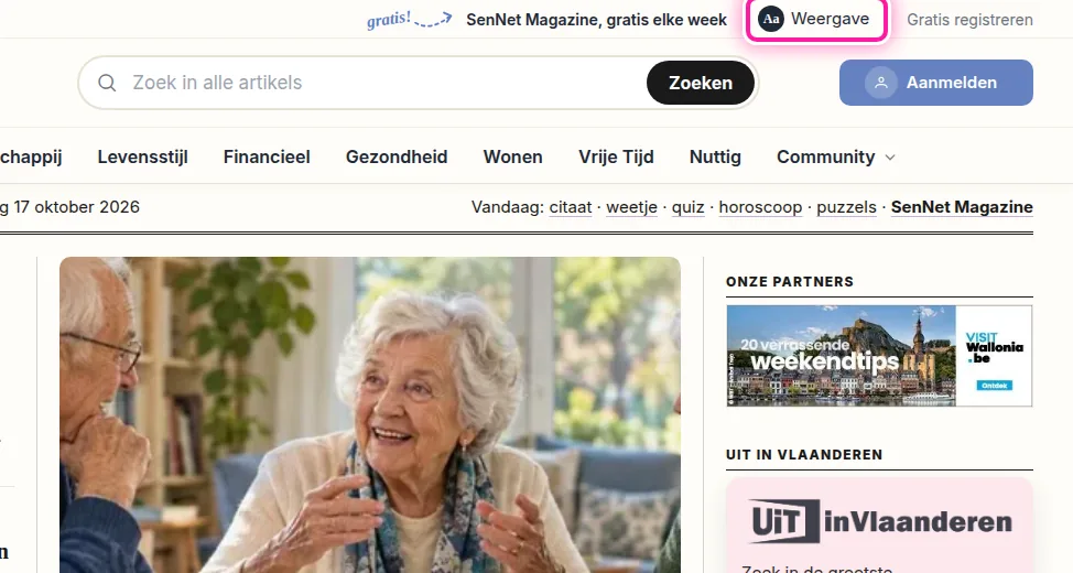 Bovenaan de pagina vind je de knop "Aa Weergave". Klik daarop om het venster "Hoe wil je de website zien?" te openen. Daar kan je de kleuren en de lettergrootte kiezen.
