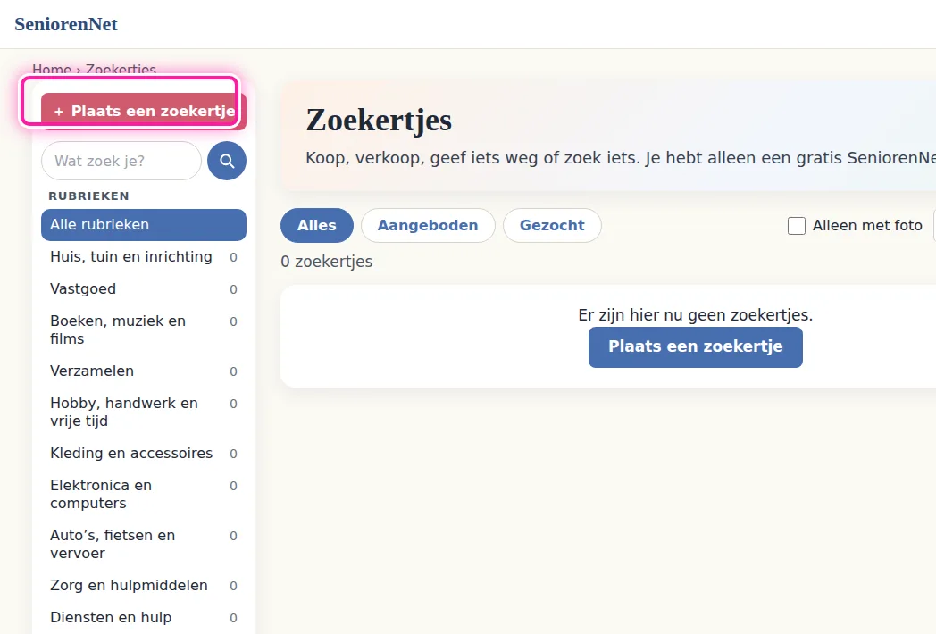 Klik bovenaan de pagina in het menu op "Community" en daarna op "Zoekertjes". Je komt dan op de pagina met de zoekertjes. Bovenaan die pagina klik je op "+ Plaats een zoekertje" om te beginnen.